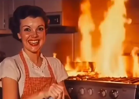 Una señora sonriendo nerviosamente con una cocina en llamas en el fondo