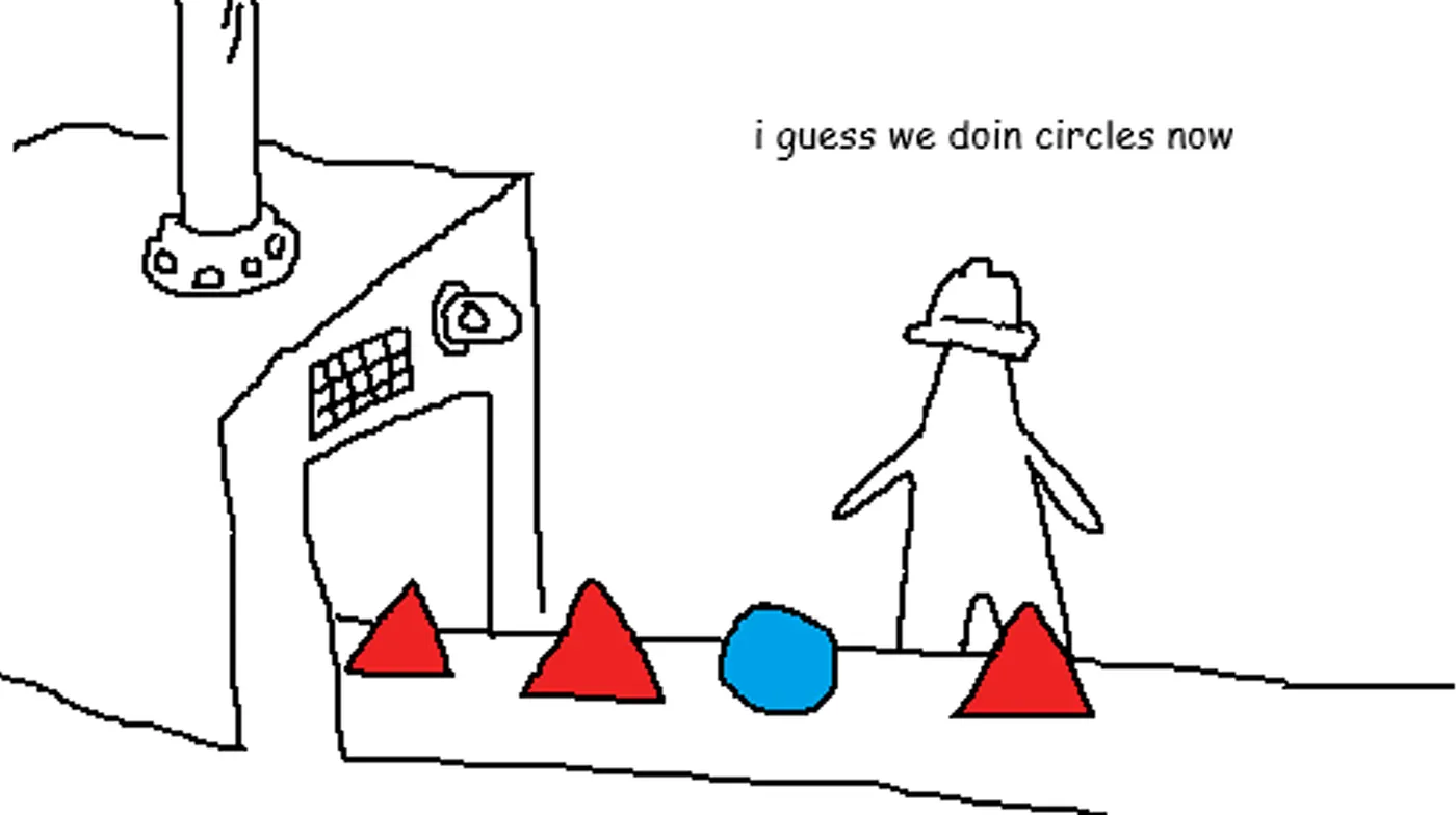 A drawing of a production line suddenly producing a circle instead of a square