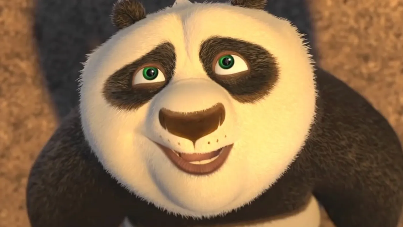 Po from Kung Fu Panda with a carefully cheerful expression