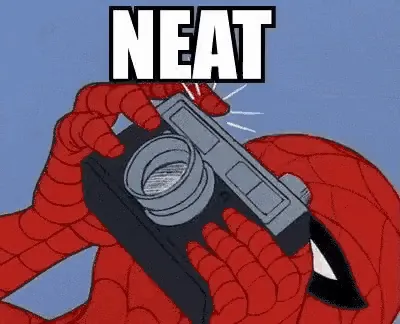 Spiderman taking a picture, with the quote 'Neat!'