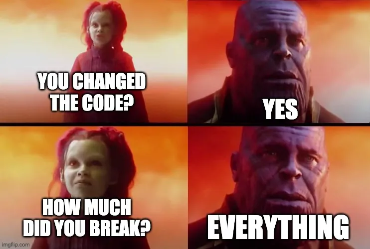 Meme de Thanos y Gamora, con Thanos diciendo cómo rompió todo el código