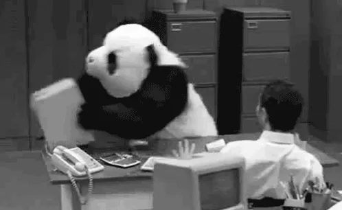 Image of the commercial with an angry panda smashing computers