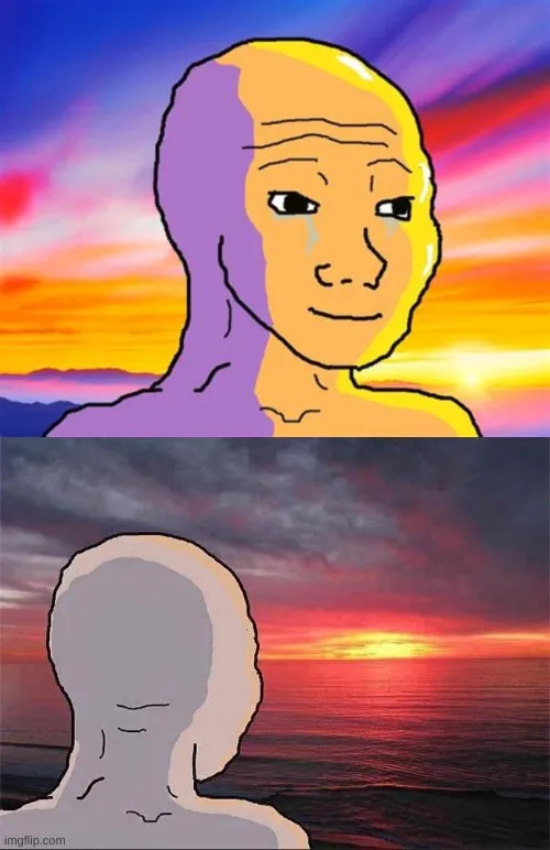 A crying wojak gazing into the sunset