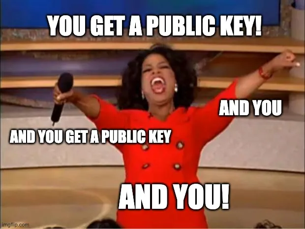Meme of Oprah, with legend 'you get a public key, and you!'
