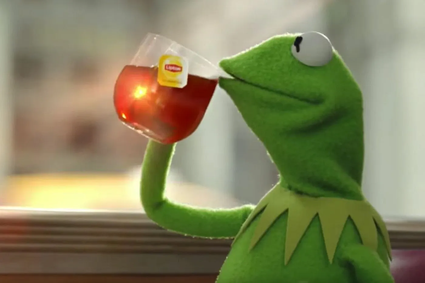 Kermit having a tea