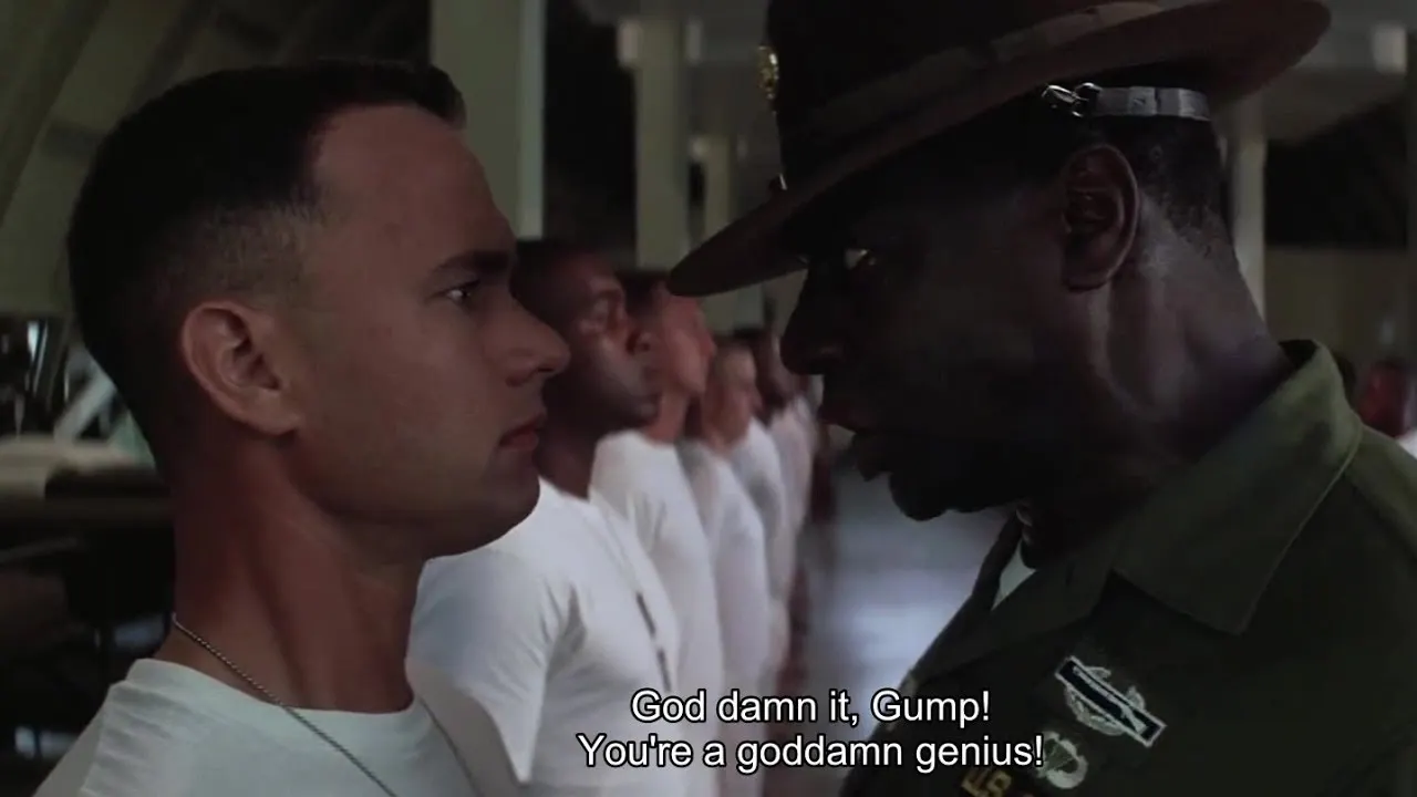 The quote 'God damn it Gump! You're a God damn genius!' from Forrest Gump