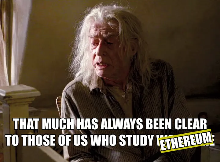 Ollivander de Harry Potter con la leyenda 'eso siempre ha sido claro para aquellos de nosotros que estudiamos Ethereum'