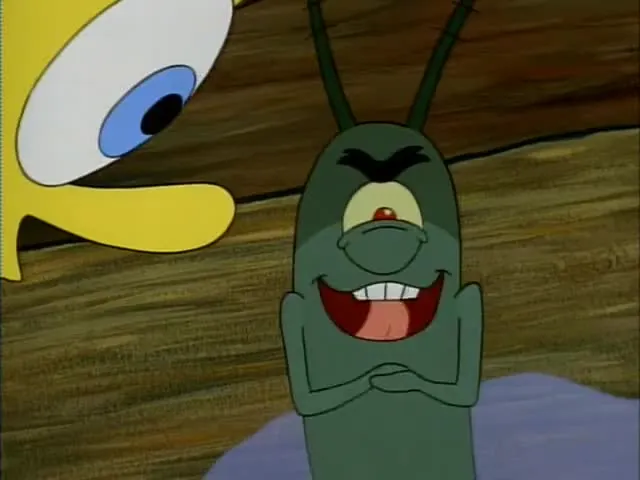 Plankton from Spongebob with an evil grin & laugh