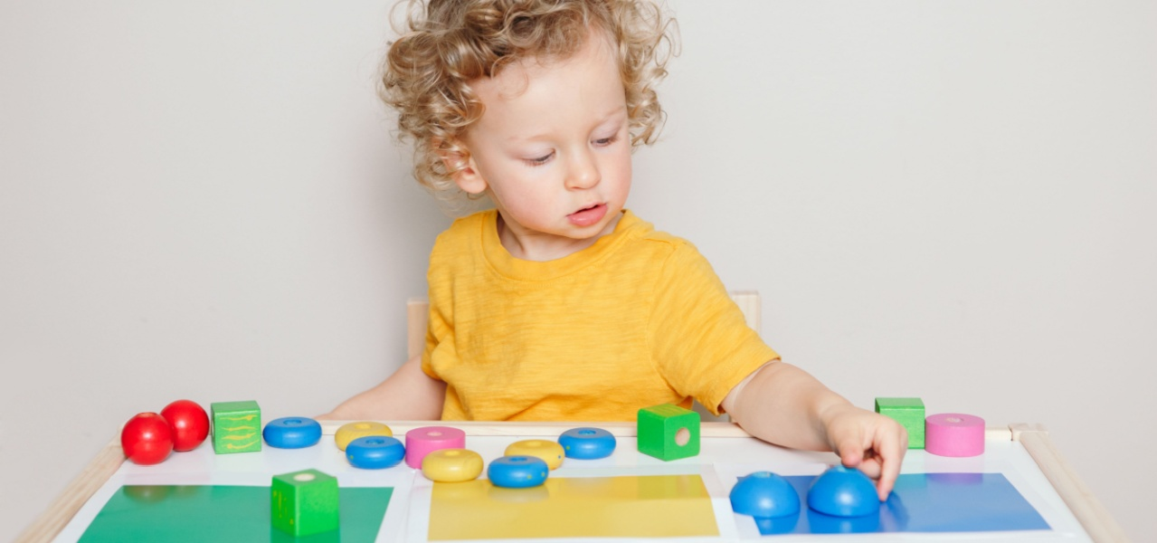 A little toddler playing with some toys