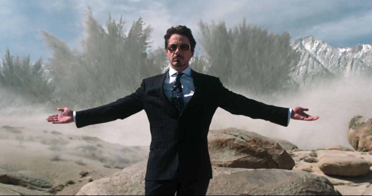Tony Stark with background explosions scene