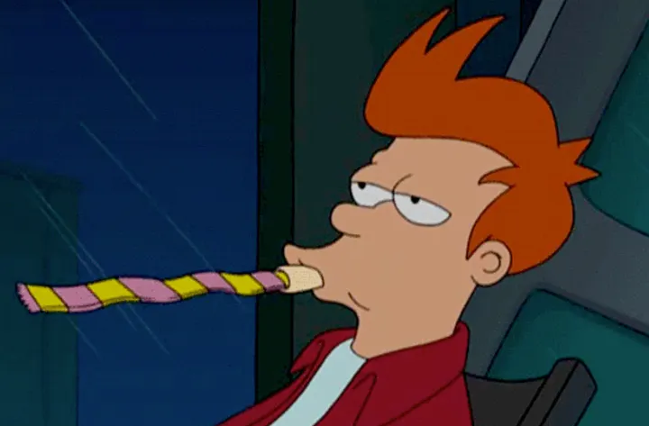 Fry from futurama blowing a party horn