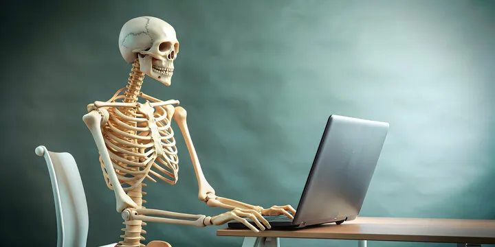 A skeleton sitting in front of a computer