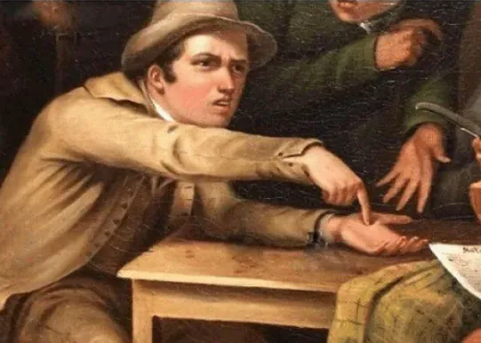 Una pintura antigua de un hombre pidiendo pago