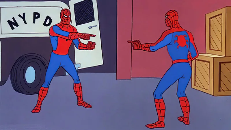 Spidermans pointing at each other